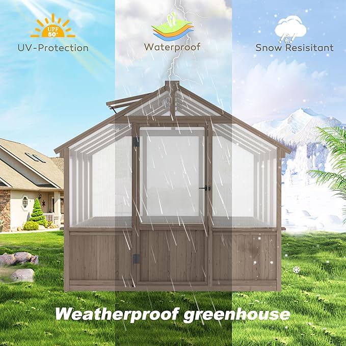 VEIKOU 8’x8’ Greenhouses for Outdoors, Walk-in Wood Greenhouse with Cedar Frame & Adjustable Vents, Garden Green House with 6MM Thick Polycarbonate Panel for Outside, Backyard, Light Brown Mocha