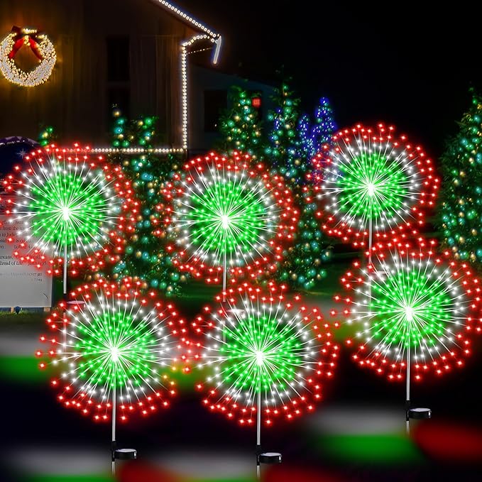 4 Pcs Christmas Solar Firework Stake Lights 180 LED 8 Modes Christmas Solar Lights Waterproof LED Sparkler Lights Outdoor Decoration for Xmas Holiday Garden Patio Yard Pathway Walkway