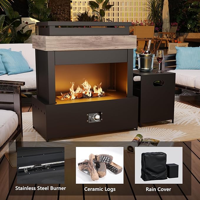 40.5''x35.4'' Outdoor Propane Fireplace, 50,000 BTU Vent-Free Gas Heater, CSA Certified Grey & Black Weather-Resistant Steel, Realistic Ceramic Logs, Rain Cover Included