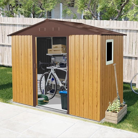 Outdoor Storage Shed, 8x4ft Metal Storage Shed with Window and Metal Foundation, Lockable Sliding Door, All Weather Tilted Roof Tool Shed with Vents, for Backyard, Patio, Lawn