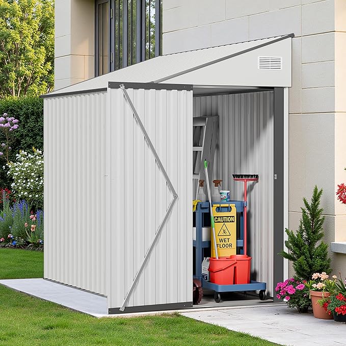 4x8 Lean to Metal Shed - White, Heavy-Duty Outdoor Storage for Bikes, Tools, Lawn Mowers & Firewood, Rust-Resistant Wall Side Design Sheds with Lockable Door, Waterproof Coating & Sloped Roof