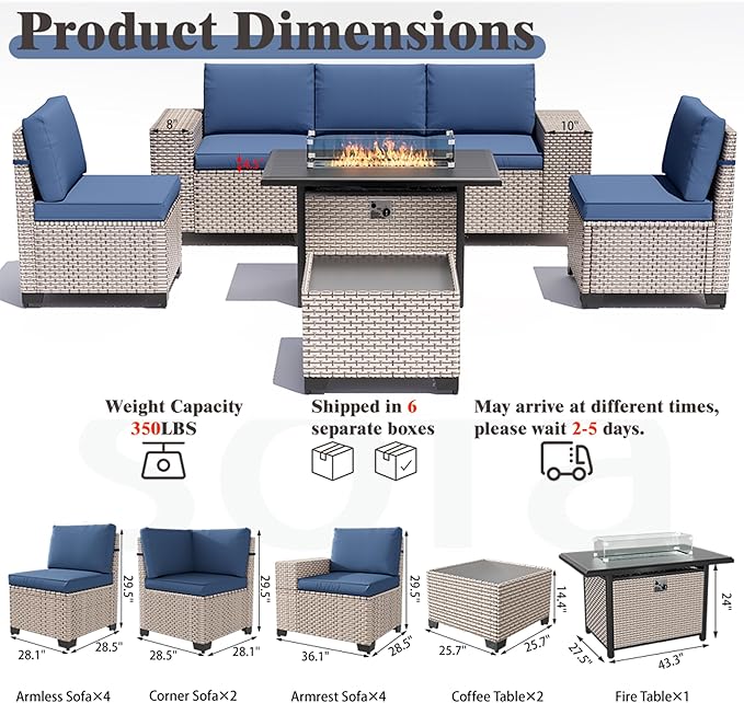 13 Pieces Patio Furniture Set with Fire Pit Table, Outdoor Sectional Wicker Sofa with Thickened Cushions and Coffee Table, High Back Rattan Patio Conversation Sets, Navy