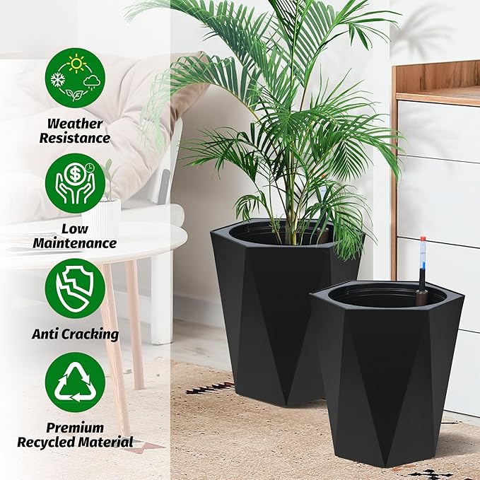 16 Inch Tall Outdoor Planters Set of 2, Self Watering Pots for Indoor Plants with Water Level Monitor & Drainage Hole & Wheels, Large Planter Pots for Garden, Patio, Balcony, Black