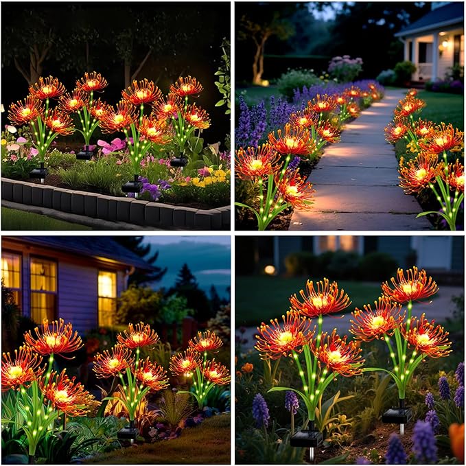 Solar Outdoor Lights Orange Spider Lily – 4 Pack 12-Head Waterproof Garden Flower Lights with Glowing Stems,Decorative Solar Powered Yard,Patio &Lawn Decor,Christmas &Gardening Gifts for Women Grandma