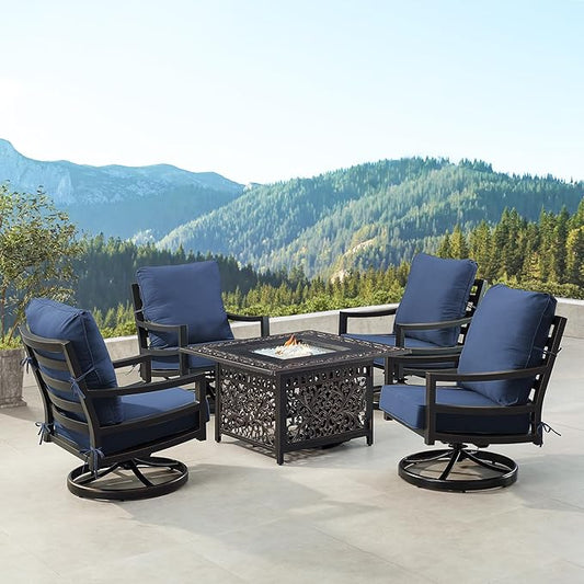Oakland Living Black Aluminum Patio Fire Table Set with Four Club Chairs with Blue Cushions