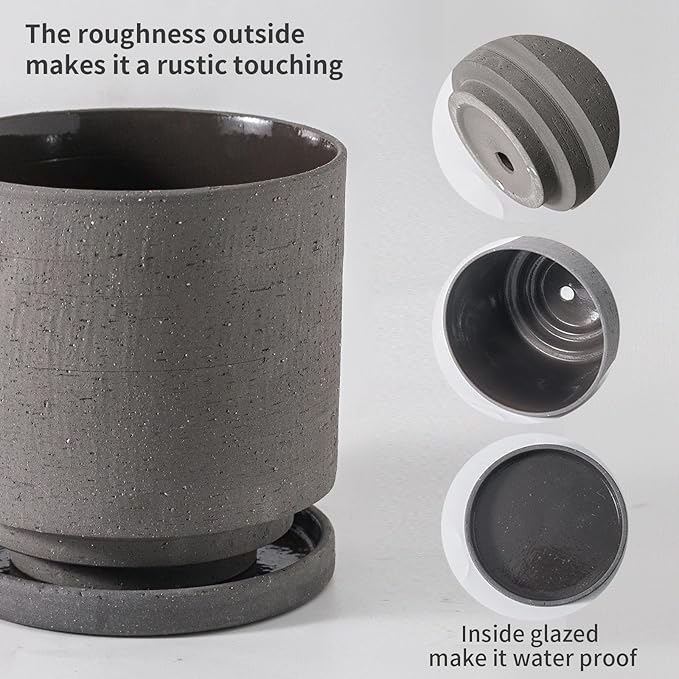 Nihow 5.7 Inch Plant Pot, Ceramic Pots for Plants with Drainage Hole and Saucer, Plant Pots Indoor for Home Garden Patio Office, Cylinder Planters for Indoor Plants, Charcoal Gray