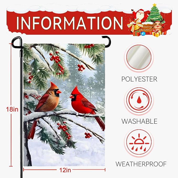Winter Cardinal Bird Garden Flag Red Bird Pine Twigs Yard Flag Double Sided Polyester Holly Berry Snow Seasonal Garden Flags for Outdoor Farmhouse Christams Holiday Decor 12x18 Inch