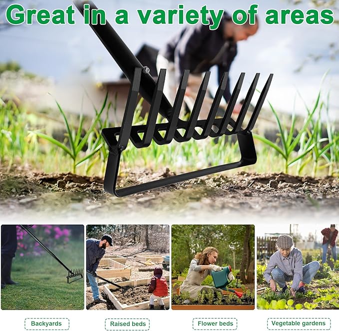 8-Tines Rake and Stirrup Hoe, Metal Garden Hula Hoes Tiller Rake Tool with Adjustable Long Handle, Action Scuffle Loop Hoe for Weeding, Digging, Loosening Soil