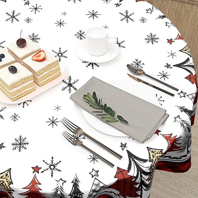 Christmas Round Tablecloth 60 Inch,Rustic Snow Xmas Pine Trees Buffalo Plaid Farmhouse Reusable Wipable Table Cover for Kitchen Party Picnic Dinner Winter Holiday Table Decor