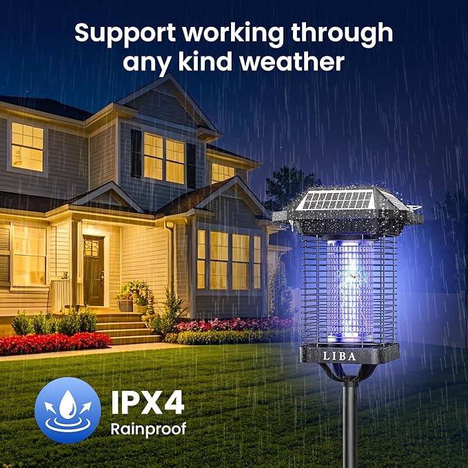 LiBa Solar Bug Zapper Outdoor, 2 in 1 Mosquito Zapper Cordless & Rechargeable, Solar Insect Killer Lamp, 3500V Mosquito Catcher Decor Light for Patio Garden Backyard