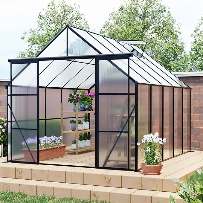 KEIKI 8x10 FT Double Door Polycarbonate Greenhouse with Aluminum Frame,Raised Base and Roof Vent,Walk-in Greenhouses for Patio Garden