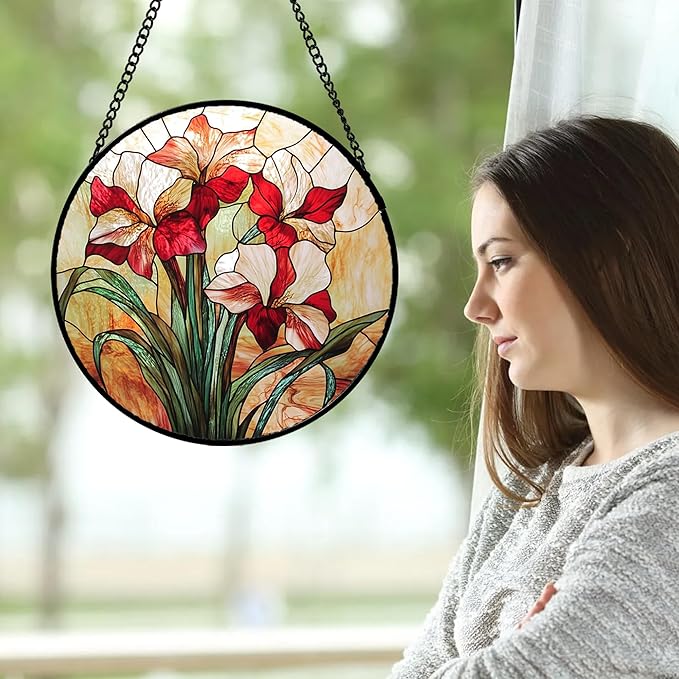 Stained Glass Window Hanging - Red Gladiolus Flower Suncatcher for Door Yard Sun Catchers Decor Christmas Mother's Day Birthday Gifts for Lovers Women Mom Nana Girlfriend Wife 6.3 in