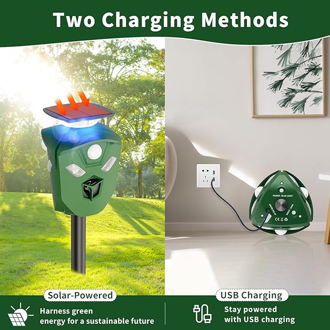 Solar Ultrasonic Animal Repeller Outdoor, 360° All Round Cat Deterrent Outdoor with 6 Flashing Lights and 3 PIR Sensors, Deer Repellent for Repelling Sankes, Raccoons, Cats, Dogs