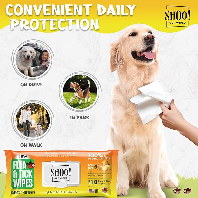 Shoo! Flea & Tick Wipes for Dogs | Convenient, Easy On-The-Go Protection | Plant Based, Natural Oils, Chemical Free | Repels & Prevents | 50 XL Wipes | (Citrus Burst)