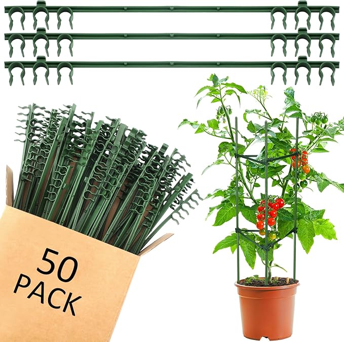 50 Pcs Expandable Trellis Connectors, 11 Inch Green Plastic Stake Arms for Tomato Cage, Climbing Plants Attach, 11mm Diameter Plant Stake