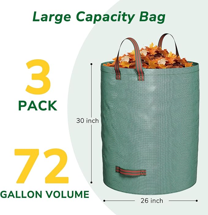 GreatBuddy 72 Gallon Reusable Yard Waste Bag,Heavy Duty,3 Pack Upright Lawn Bags with 4 Reinforced Handles for Garden Leaves and Waste Collection,Lightweight and Portable