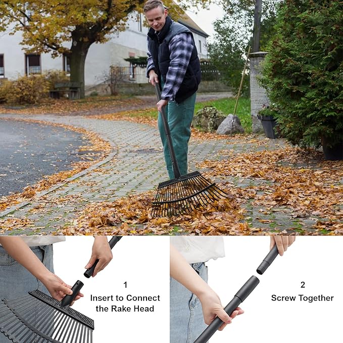 Rake for Leaves, 25 Metal Tines Wide Leaf Rake, 60'' Leaf Rakes for Lawns with Adjustable Steel Handle for Camping Flower Beds Mulch Shrub, Black