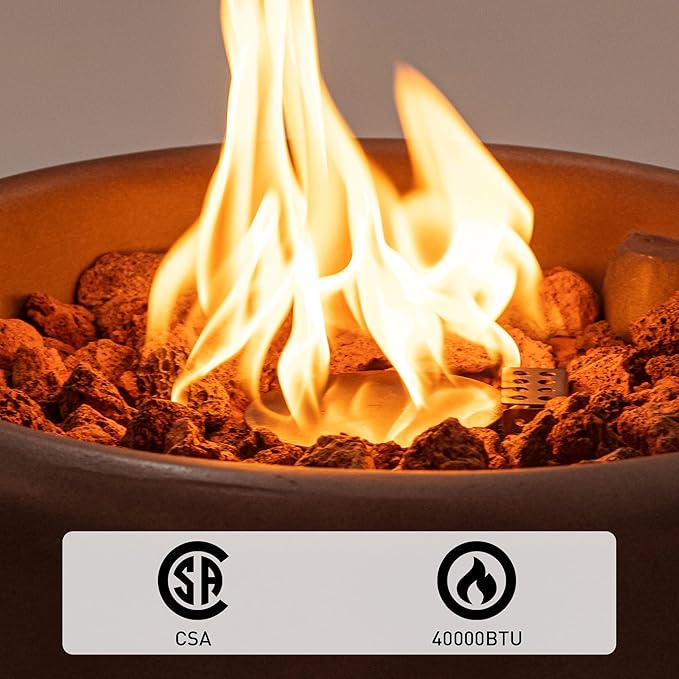 SUNBURY Outdoor Propane Fire Pit, Stone Like Fire Pit Table with Glass Wind Guard, Waterproof Cover, 40000BTUS Small Column Firepit Garden Lighting, CSA Certified (Grey)