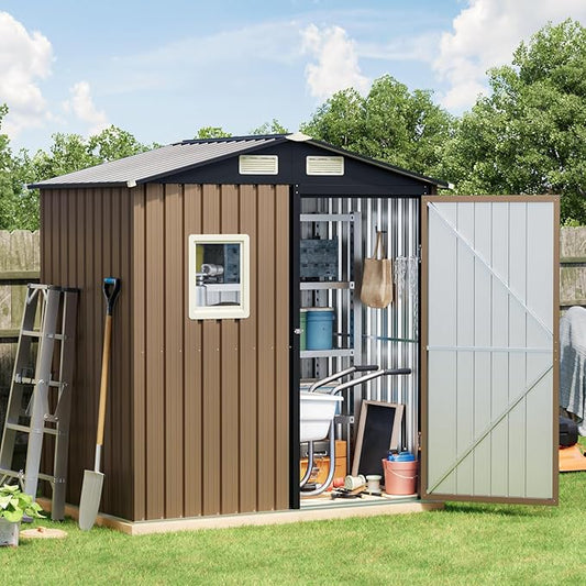 Breezz 6x4FT Outdoor Steel Storage Shed, Lockable Doors, Compact Metal Tool Shed for Garden, Backyard, Patio, Utility, and Bike Storage,Brown
