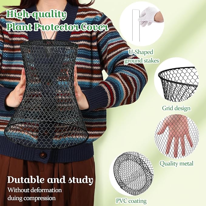 Therwen 6 Pcs Large Chicken Wire Cloche Plant Protector Cover 11x12 Inch Metal Garden Cloche Dome for Plants Wire Protection Basket with Garden Stakes Plant Cages from Animals (Black)