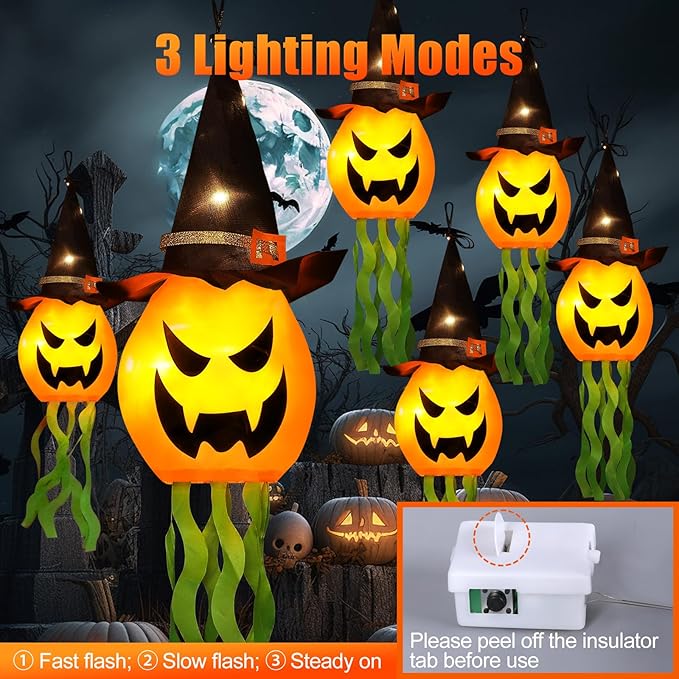 Halloween Decorations Outdoor Decor Hanging Lighted Glowing Pumpkin Witch Hat with 3 Modes Lighted Up Scary Orange Halloween Decorations for Indoor Outside Party Yard Tree Garden (6Pcs)