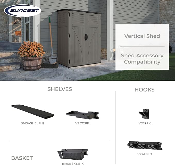 Suncast 54 Cubic Ft. Vertical Resin Outdoor Storage Shed with Lockable Double Doors, Weather-Resistant Multi-Wall Panels, Customizable Shelving, Stoney, Made in the USA
