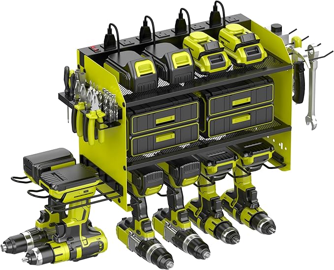 Wall Mount Drill Storage Rack with Charging Station Power Tool Organizer Drill Holder Drill Bit Organizer for Garage Workshop Holds 4 Drills with 8 Outlet Power Strip Christmas Gift(Green Three Layer)