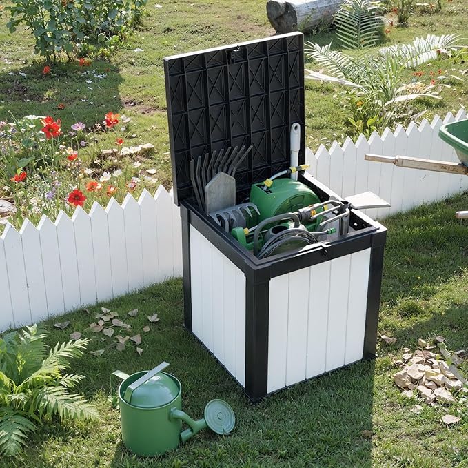 50 Gallon Deck Box,Resin Outdoor Storage Box with Lockable for Patio Furniture, Pool Accessories, Garden Tools, Waterproof Outside Storage Box, Black&White