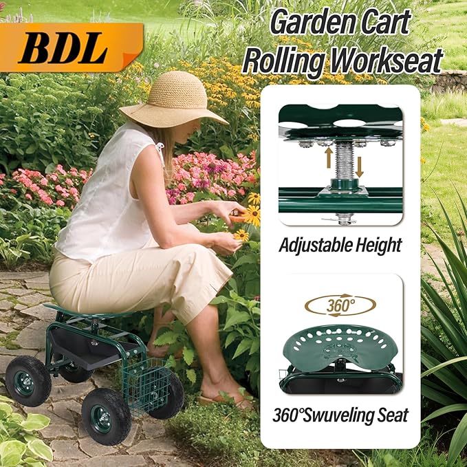 BDL Garden Cart Outdoor Rolling Garden Workseat with Wheels, Heavy Duty Garden Tool Cart with Extendable Handle and Storage for Seniors Yard Gardening Work