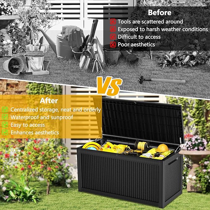 320 Gallon Deck Box, Resin Outdoor Indoor Waterproof Storage Box, Lockable Storage Box With Handle for Patio Furniture - Garden Tools - Swimming Pool Tools UV-Resistant, Black