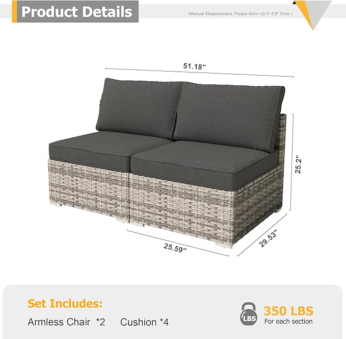 HOOOWOOO Patio Sectional Furniture Set,2 Piece Couch Set with 2 Matching Armless Chairs(Black)