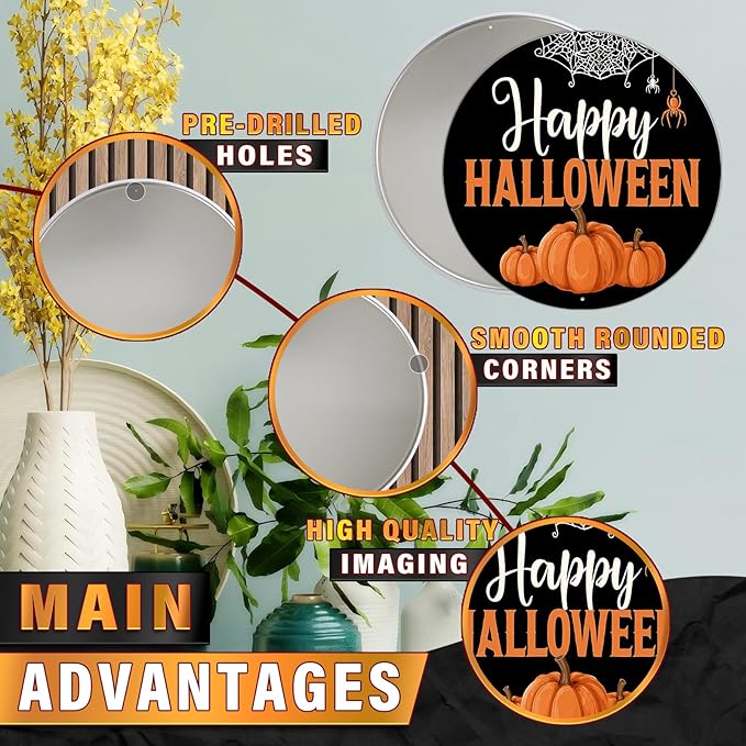 PEACHGARDEN Halloween Pumpkin Metal Tin Sign Vintage Pumpkin Decor Round Welcome Retro Wall Art Gothic Plaque Spooky Home Porch Decorations 8x8inch