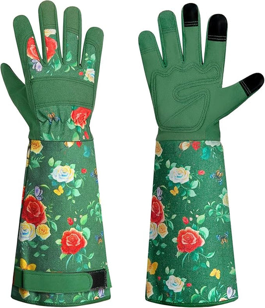DLY Gardening Gloves,Leather Rose Gloves,Women's Long Gardening Glove for Garden Work and Yard Work,Durable and Comfortable(X-Large, Green