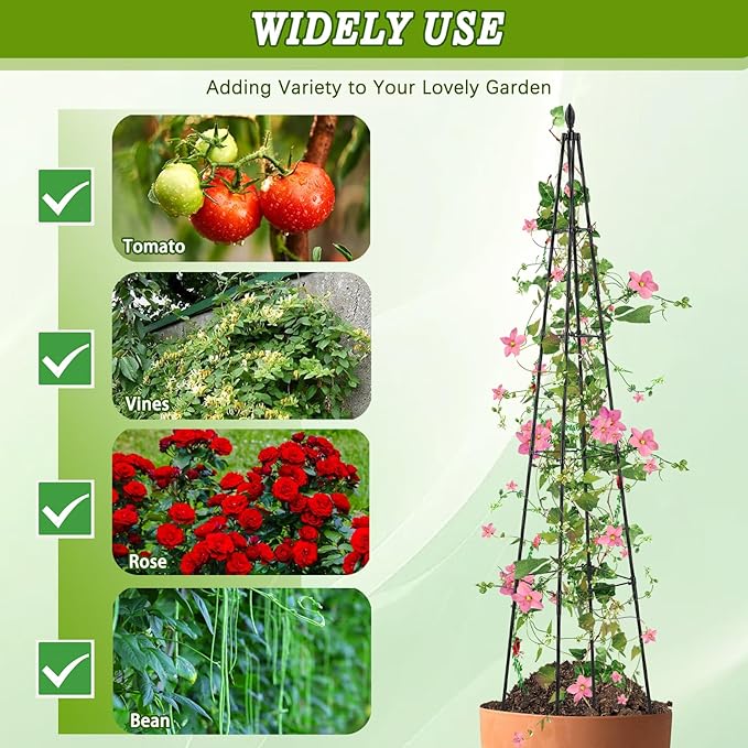 2 Pack Garden Trellis for Climbing Plants Outdoor,63inch Tall Rustproof Metal Obelisk Trellis Support for Potted Vines Vegetable Plants Indoor Outdoor, Lightweight