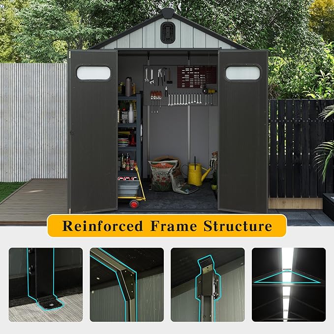 Domi 6x6FT Resin Outdoor Storage Shed with Lockable Door, Waterproof Outside Sheds with Windows & Vents, Heavy-Duty Plastic Tool Storage Shed for Patio Furniture, Lawn Mower, Bike