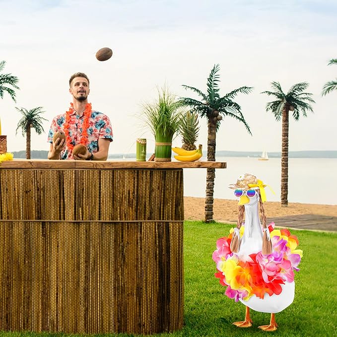 DECOHS 4 Pcs/Set Hawaiian Porch Goose Outfits, Summer Lawn Goose Statue Clothes Costume, 23"/ 17" Patio Goose Decor Hawaiian Wreath Straw Hat with Glasses Wig for Luau Party Outdoor Garden Yard Decor