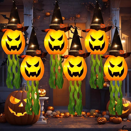 Halloween Decorations Outdoor Decor Hanging Lighted Glowing Pumpkin Witch Hat with 3 Modes Lighted Up Scary Orange Halloween Decorations for Indoor Outside Party Yard Tree Garden (6Pcs)