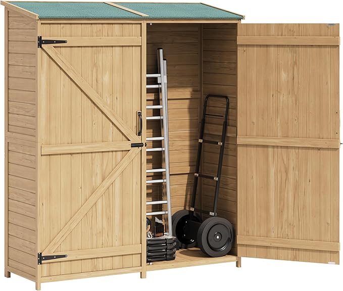 Wooden Storage Cabinet, Outdoor Tools Shed with Waterproof Roof, Double Lockable Doors and 2 Adjustable Shelves, Lockable Garden Shed for Patio, Garden, Backyard, Lawn