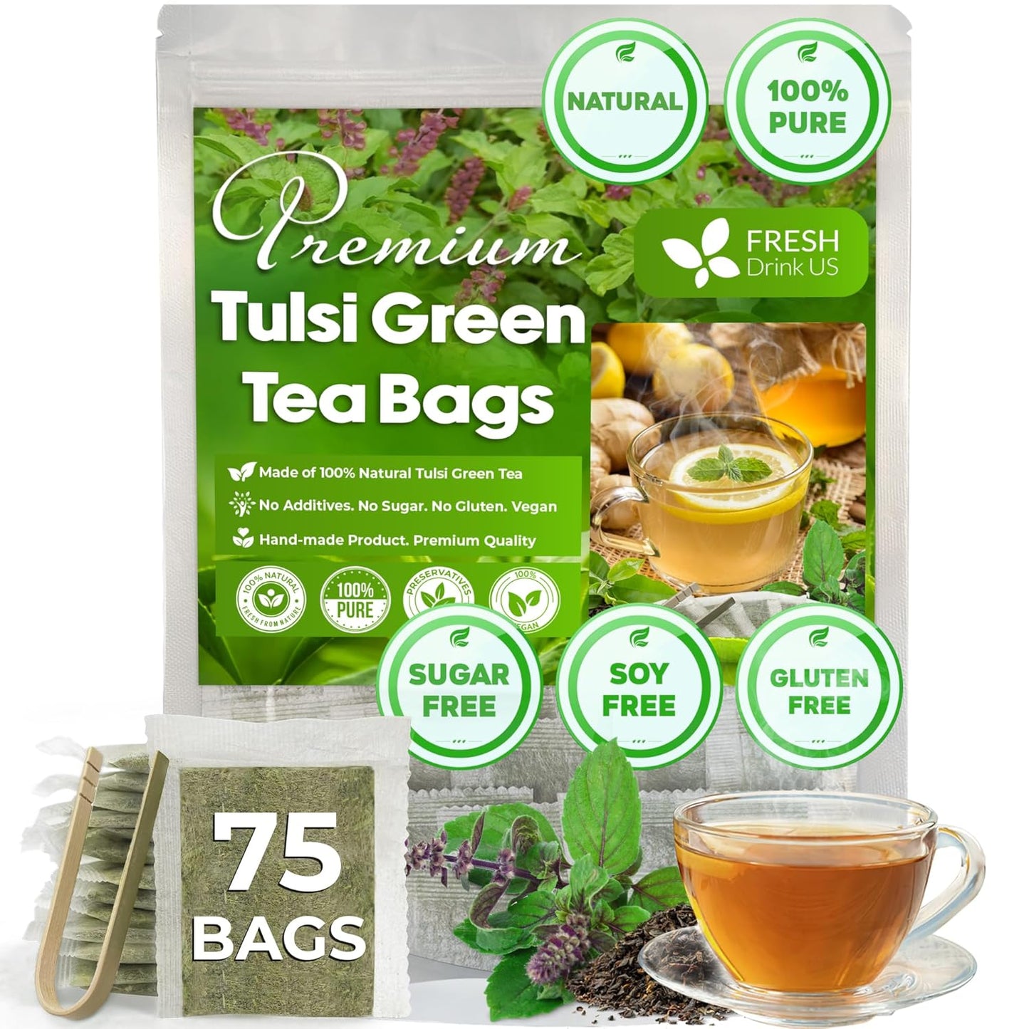 FreshDrinkUS, Premium 75 Tulsi Green Tea Bags, 100% Natural, Blend of Tulsi Holy Basil Leaves, and Green Tea Leaves. Made with Natural Material Tea Bags. No Sugar, Vegan.
