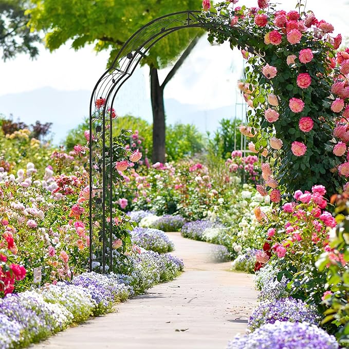 Moccha 2 Sides Garden Arch Arbor Trellis, 8.2FT Metal Archway for Climbing Plants Roses Vines, Outdoor Pergola Trellis with 6 Styles & Sharp Ends, Garden Arbor for Backyard Wedding Party Ceremony