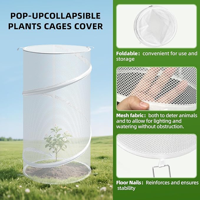 4 Pcs Pop up Plant Covers from Animals, 22.8" x12.6"Round Foldable Plant Covers, Garden Plant Protectors with Stakes for Outdoor Plants (White)