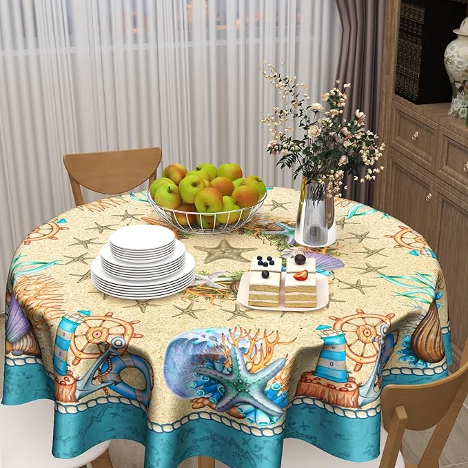 Giwawa Summer Beach Tablecloth Round 60 Inch, Shell Coastal Wreath Sea Theme Waterproof Fabric Circular Table Cloth Cover for Home Kitchen Dining Patio Picnic Party Decor
