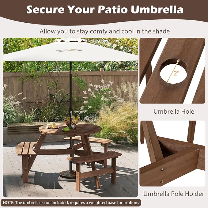 Giantex 6-Person Round Picnic Table Set with 3 Benches, 550 LBS Bench Capacity, 2" Umbrella Hole, Circular Outdoor Wood Dining Table & Chairs for Patio Yard Garden Porch Deck (68”x62”x28”,Brown)