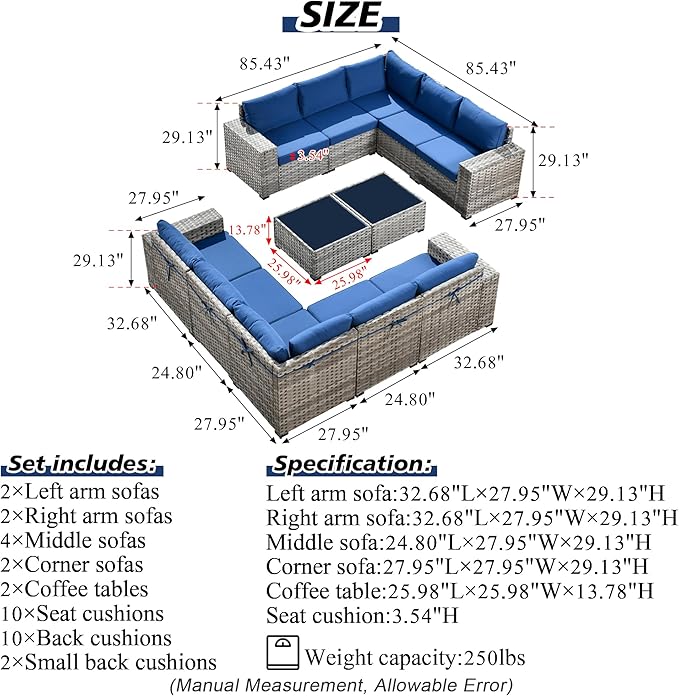 HOOOWOOO 12 Piece Modular Patio Outdoor Sectional Furniture Sofa Set,Wicker Conversation Set,Out Door Couch Set with Wide Arm for Outside All Weather(Navy Blue)