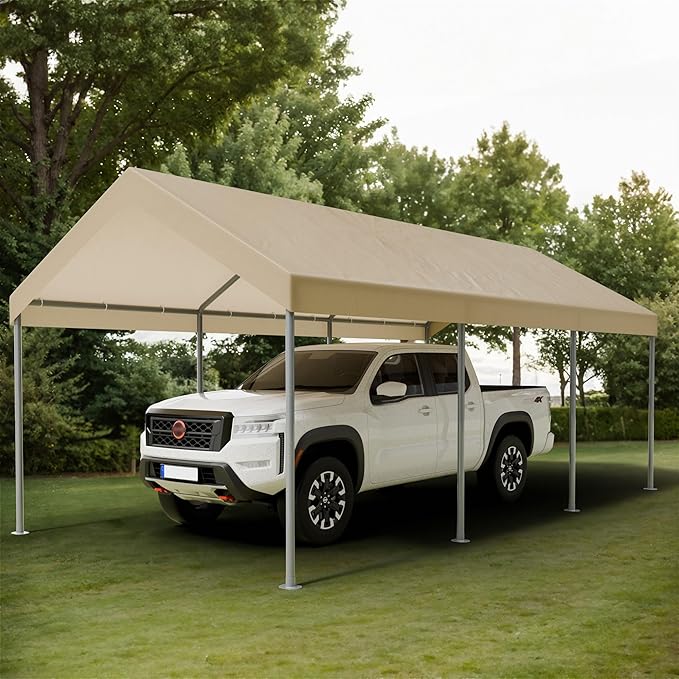 Shintenchi 10x20ft Heavy Duty Carport with UV Resistant Canopy, Powder-Coated Steel Frame, Easy to Assemble Portable Garage, Stable Carport for Car, Bike, Camp, Outdoor Storage (Khaki)