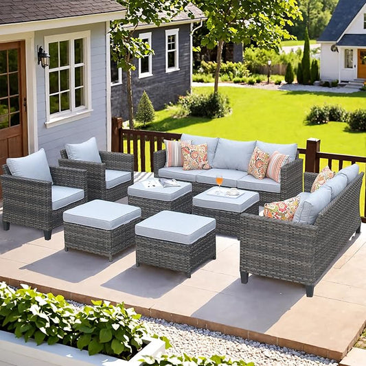 ovios Patio Furniture Set, 8 Pieces Outdoor Wicker Sofa Couch with Chairs, Ottomans and Comfy Cushions, All Weather High Back Rattan Conversation Set, Grey