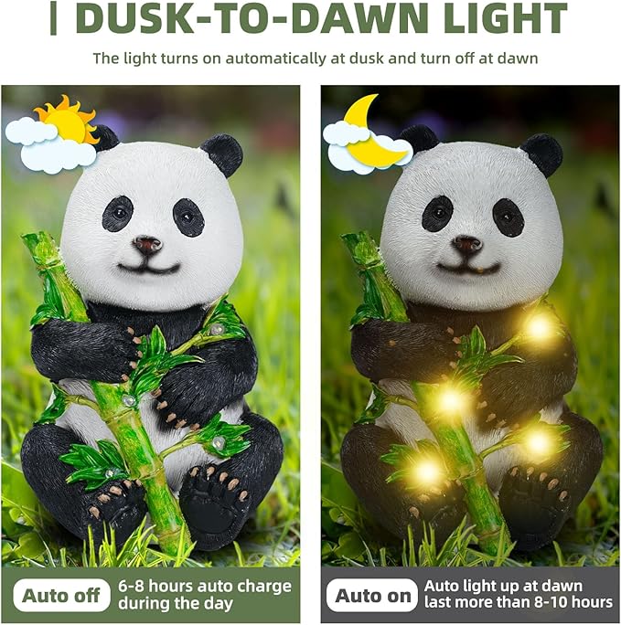 Garden Panda Solar Lights Bamboo Statues Cute Sculptures Waterproof Resin for Indoor Outdoor Porch Patio Lawn Yard Decorations (Sitting)