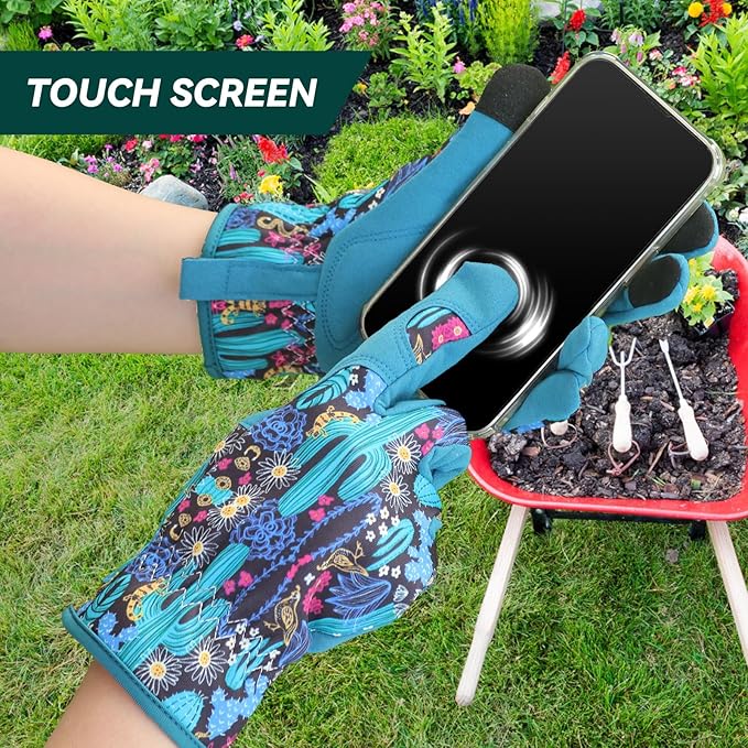 Gardening Gloves for Women, Printed Touchscreen Garden Gloves with Grip, Thorn-Proof Puncture-Resistant Work Gloves