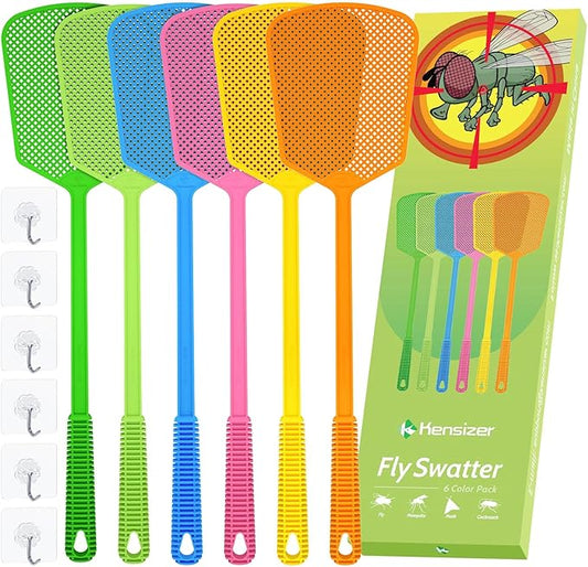 Kensizer 6-Pack Plastic Fly Swatters Heavy Duty, Multi Pack Matamoscas, Jumbo Long Handle Fly Swat Shatter Bulk, Large Bug Swatter That Work for Indoor and Outdoor