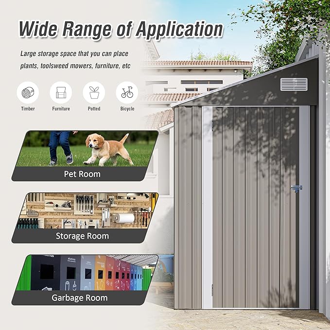 4x8 ft Lean to Shed, Outdoor Storage Shed with Lockable Door and Vents, Metal Storage Shed with 6 Vents, Outside Garden Tool Shed for Backyard, Patio, Wall Side Design (Dark Grey)